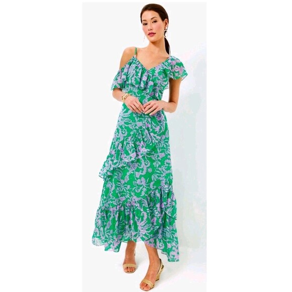 Lilly Pulitzer Rosalynn Ruffle Maxi Dress Beach Floral One Shoulder Size 12 - Picture 3 of 15